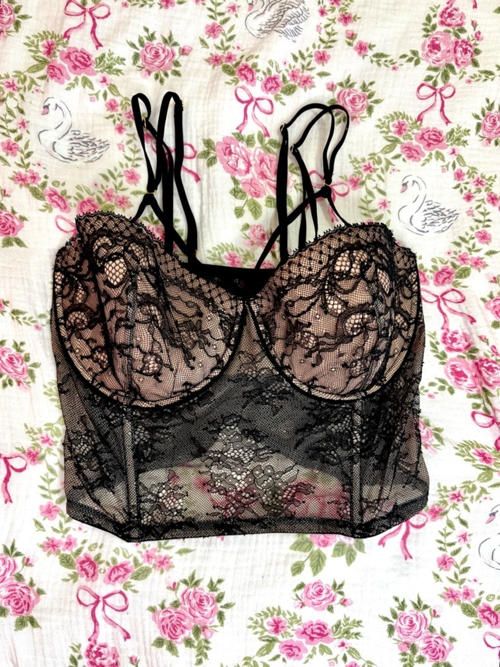 💋VICTORIA’S SECRET NWOT Statement Lace Bustier Corset Black Pink Boudoir 34DD